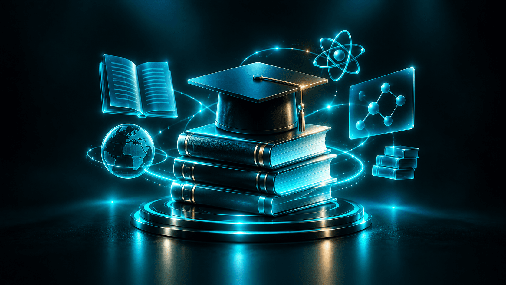 3D illustration representing students studying and researching with AI